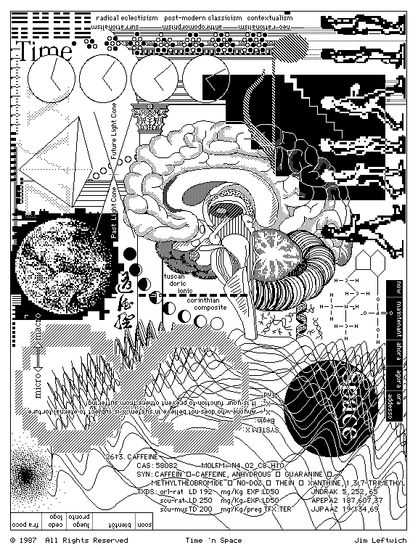 black and white bitmap art of a weird abstract collage of many things: planet Earth, clocks, pixelated art of a man walking, sinusy waves, the infinity symbol in hatched pattern, a brain, molecule diagrams, etc.