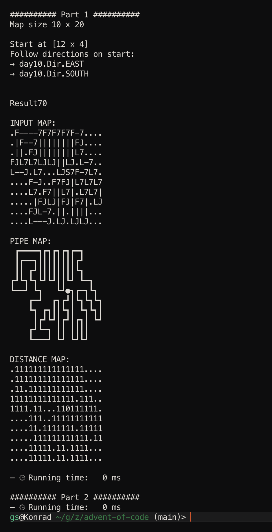 Advent of code 2023 day 10 - part 1 Hardest part of it was understanding the puzzle right, at the beginning I was overcomplicating things because I thought of possible dead ends, had a hard time to distinguish between the the characters used for different pipe tiles and tried two do "too much at once". What really helped for me was to visualise the whole thing with box drawing ascii characters, even found a very neat trick to animate it right in the terminal.