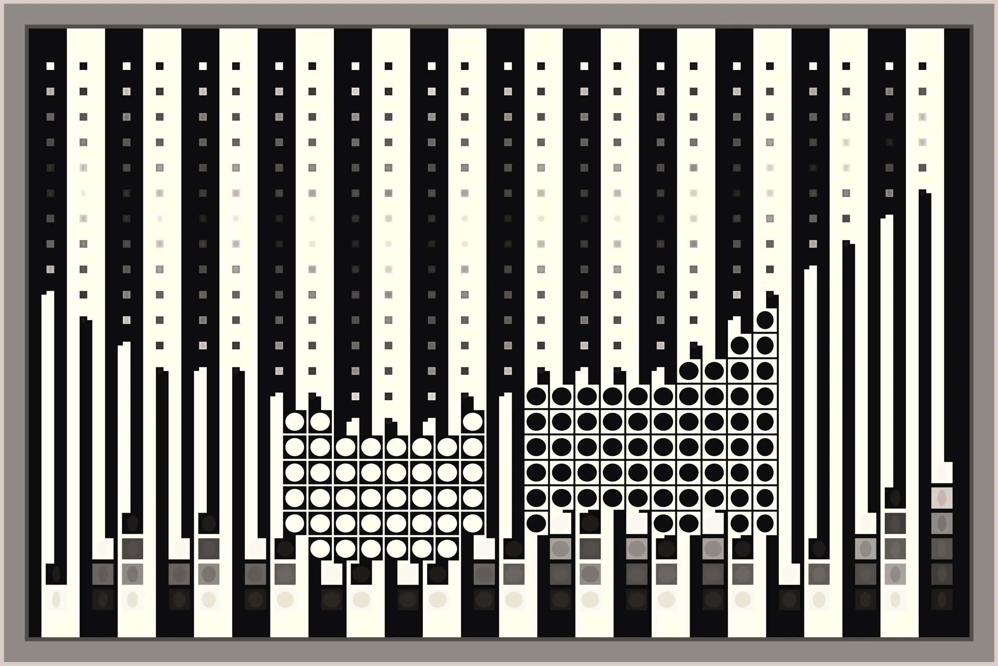 An abstract geometric computer generated procedural art piece. Mostly black and white with some grayscale areas,