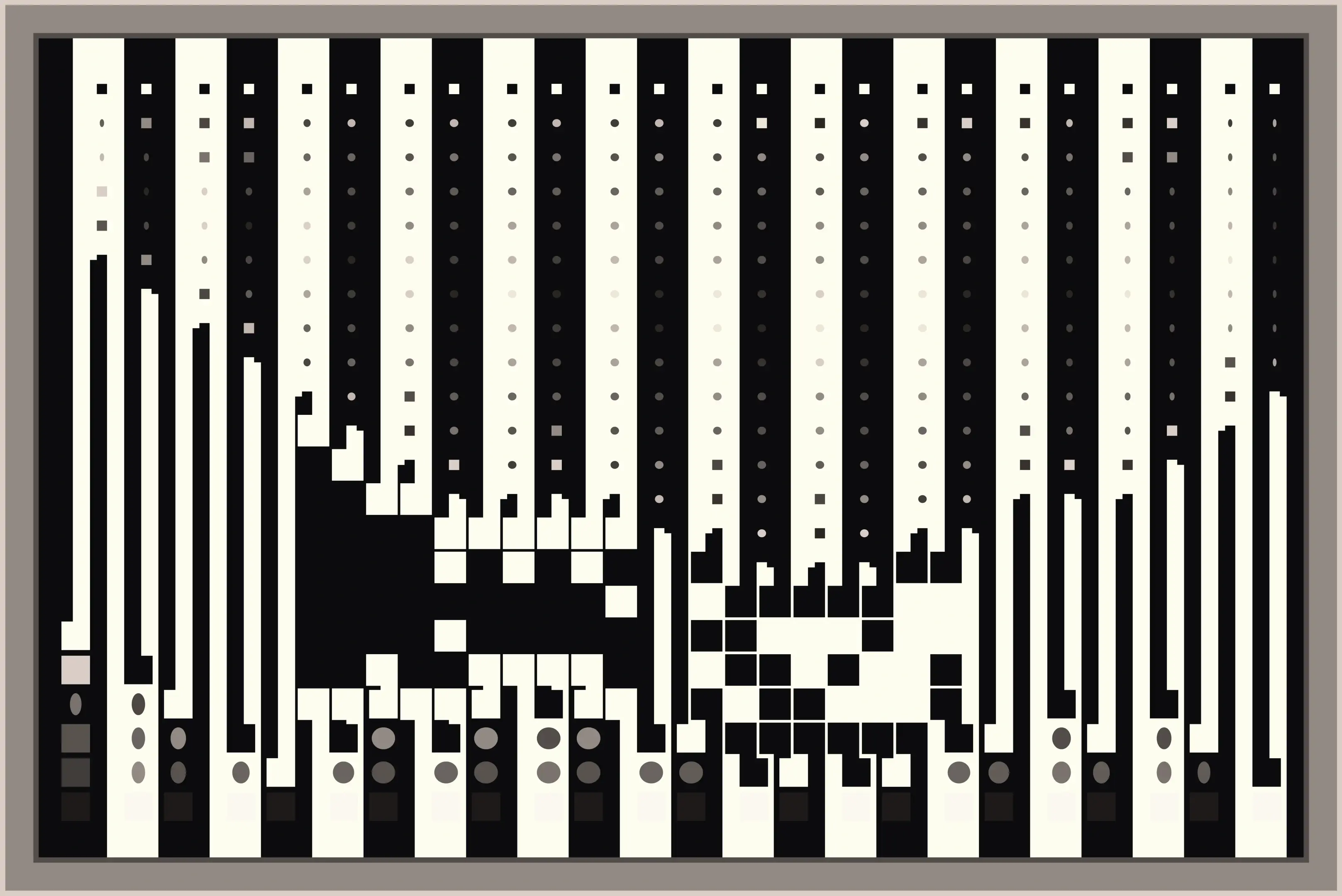 The B-side (bottom view, more sparse composition) of an abstract geometric computer generated procedural art piece. Mostly black and white with some grayscale areas,