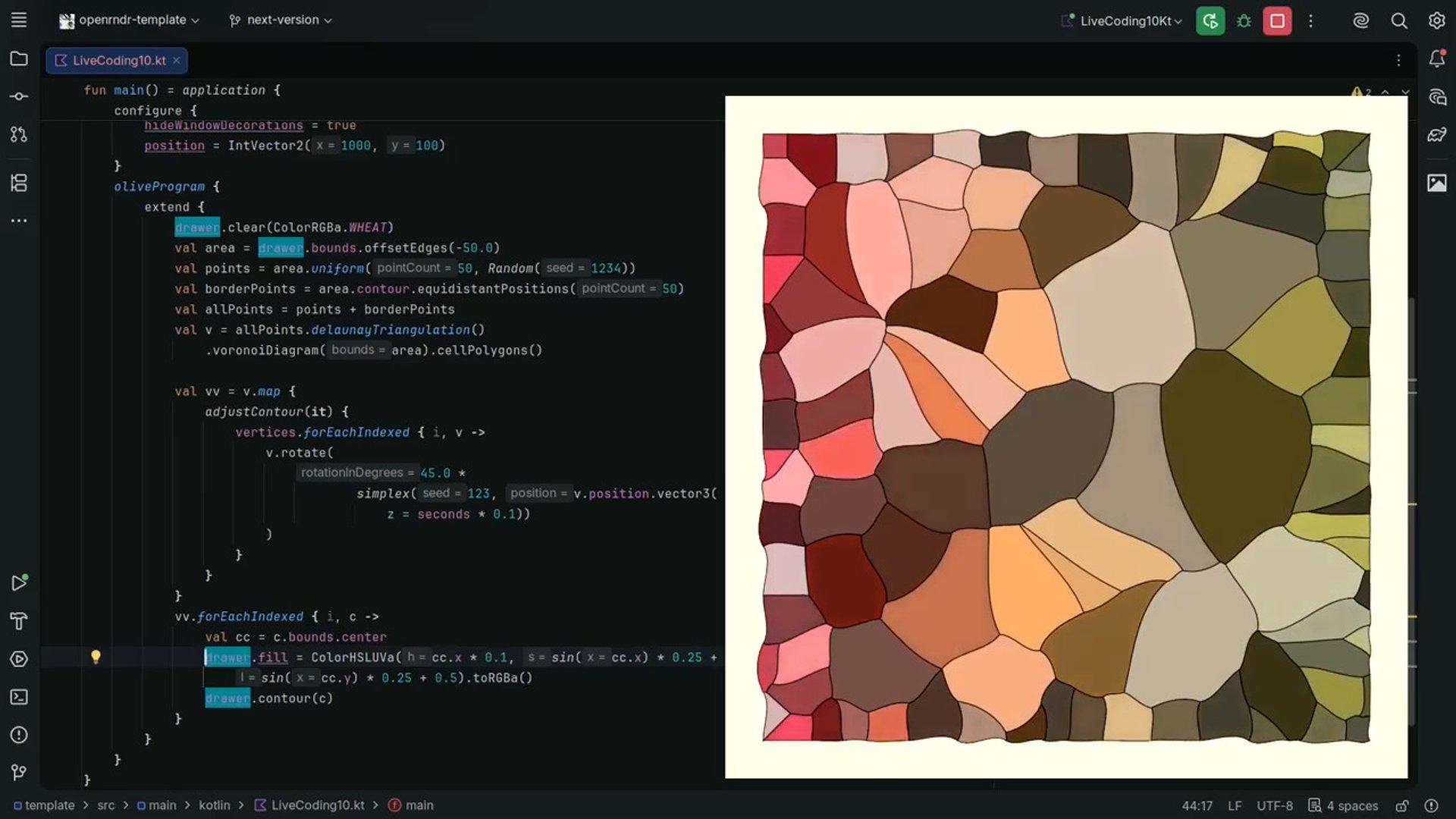 A screenshot. An IDE with a dark theme on the left showing Kotlin code. On the right, a 900x900 pixel window with a bright background color and a margin of 50 pixels. Inside, maybe 100 shapes created using a Voronoi diagram, then each piece's edges being curved. The 2D design could be an actual puzzle. The colors or the shapes range from greens to reds going through oranges.